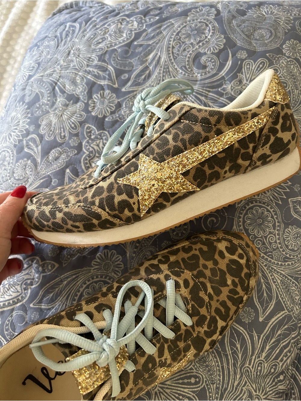 Women's Leopard Print Sneakers with Gold Glitter Star - Light Blue Laces